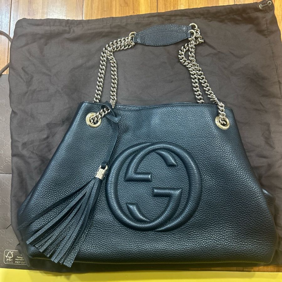 Gucci soho 流蘇雙鍊手提/肩背兩用包(黑色/9成新)-0