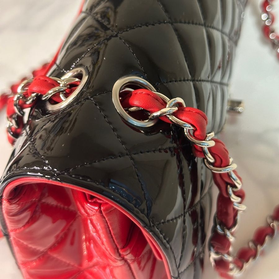Chanel Coco25 雙鏈雙蓋口蓋包❤️🔥專櫃售36w🔥全配剛離櫃🔥拼色漆皮秀款🖤-7