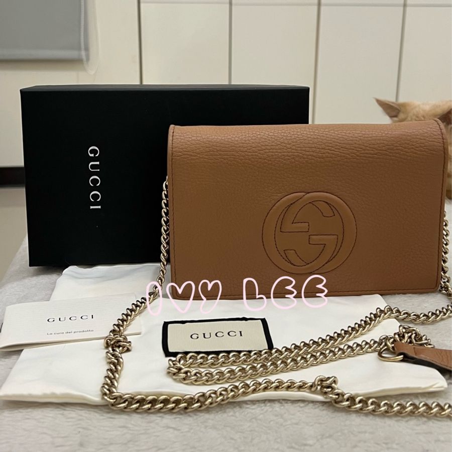 GUCCI 古馳 598211 經典SOHO系列鍊帶 奶茶棕 WOC手拿包 斜背包 二手精品-0