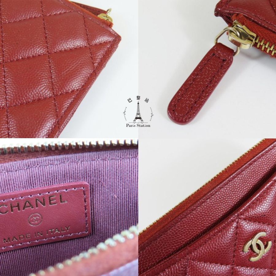【巴黎站二手名牌專賣店】*現貨*CHANEL香奈兒真品*A84107 勃根地紅牛皮金雙C一字拉鍊扁型長夾 錢包-7
