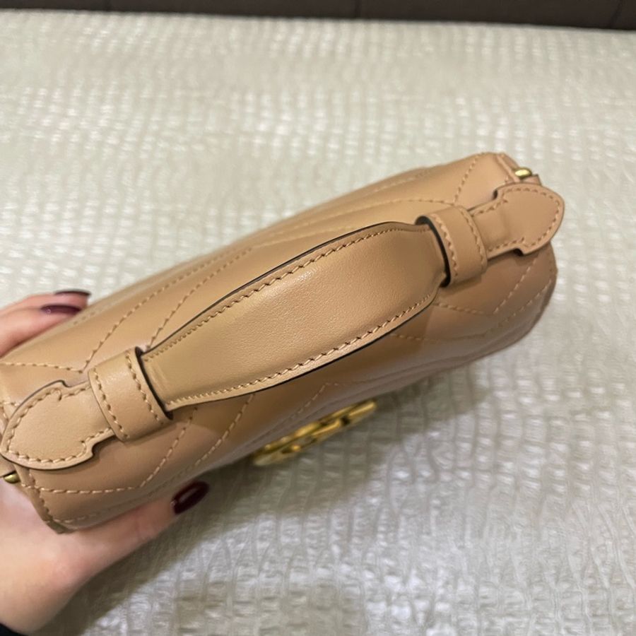 Gucci 奶茶色牛皮霧金釦Handle Marmont 手提斜背包-8