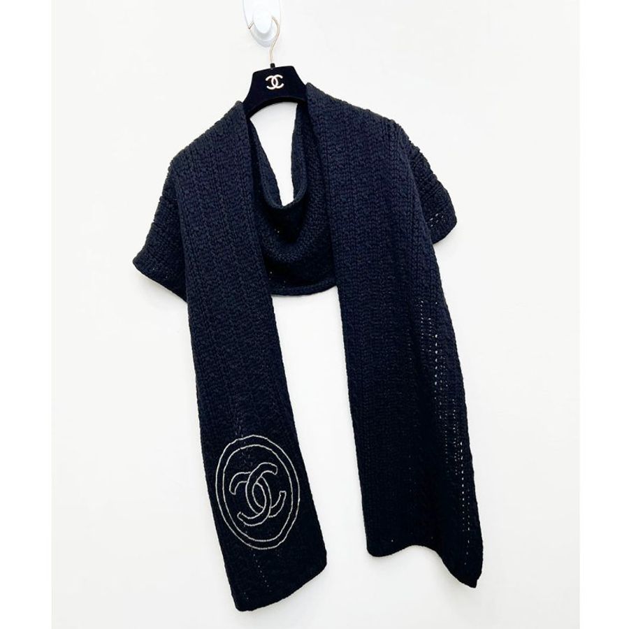 CHANEL 黑色銀鍊大CC厚羊絨圍巾 cashmere-1