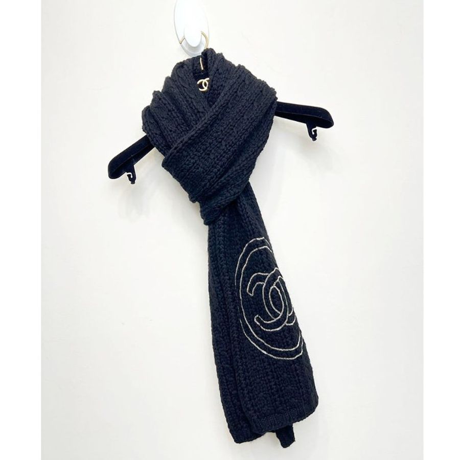 CHANEL 黑色銀鍊大CC厚羊絨圍巾 cashmere-2