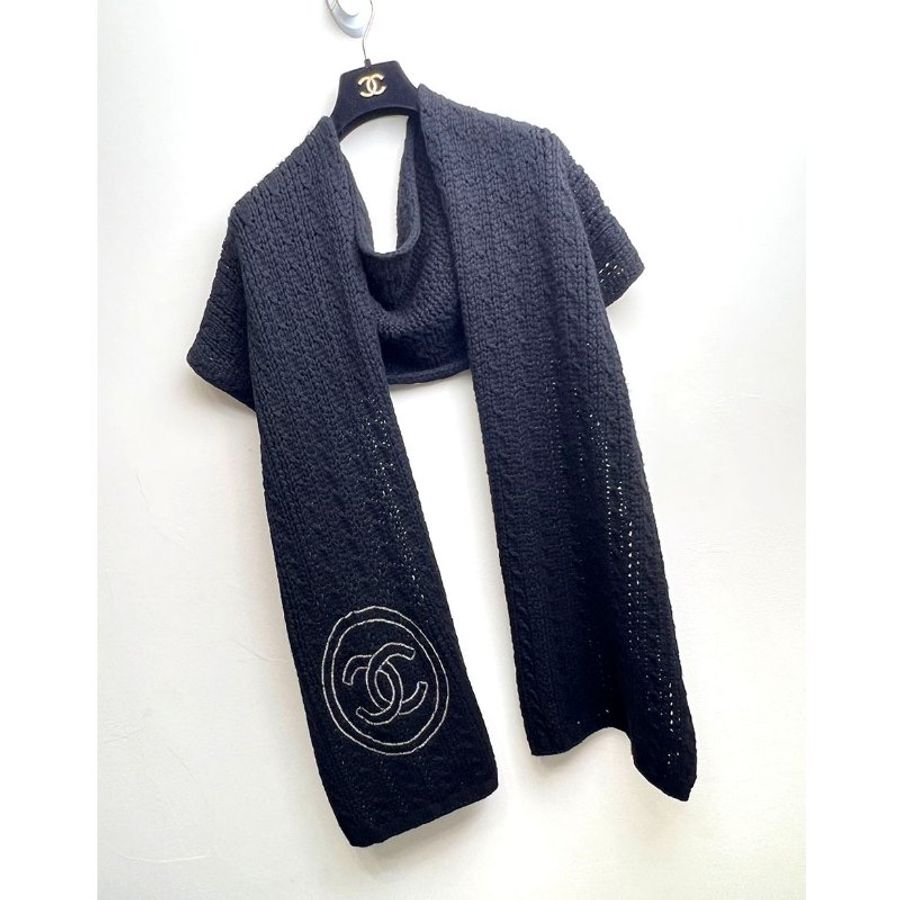 CHANEL 黑色銀鍊大CC厚羊絨圍巾 cashmere-3