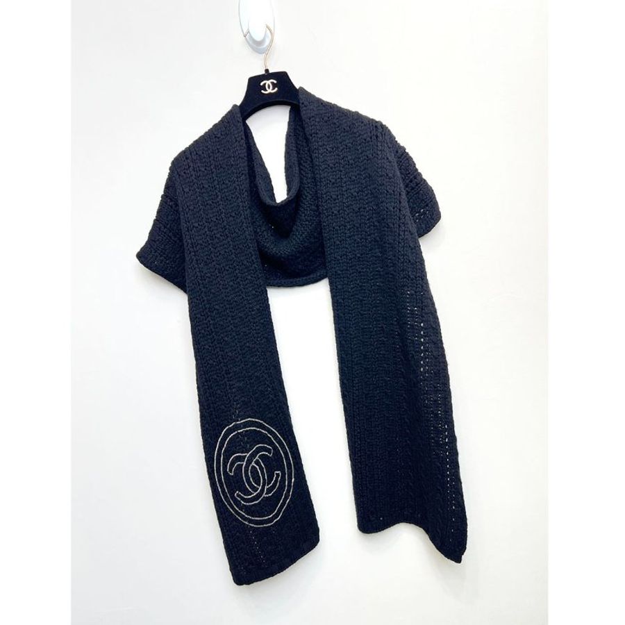 CHANEL 黑色銀鍊大CC厚羊絨圍巾 cashmere-4