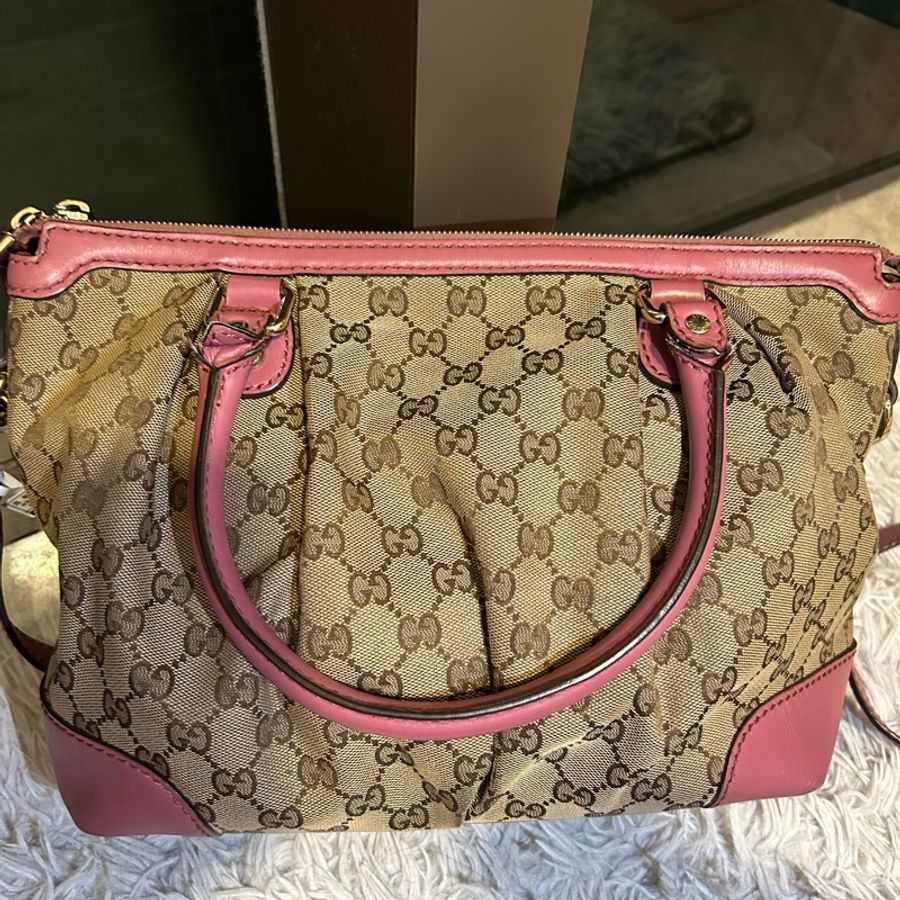 Gucci老花經典GG緹花布皮革邊連長帶👜可單肩可斜挎-9
