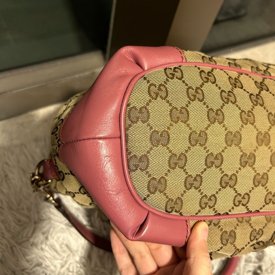 Gucci老花經典GG緹花布皮革邊連長帶👜可單肩可斜挎-11