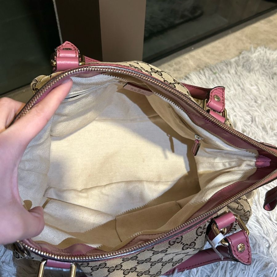 Gucci老花經典GG緹花布皮革邊連長帶👜可單肩可斜挎-15