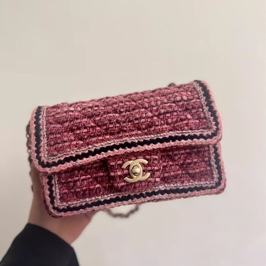 Chanel Braided Single Flap Bag Red Ghw Leather / Tweeds-0