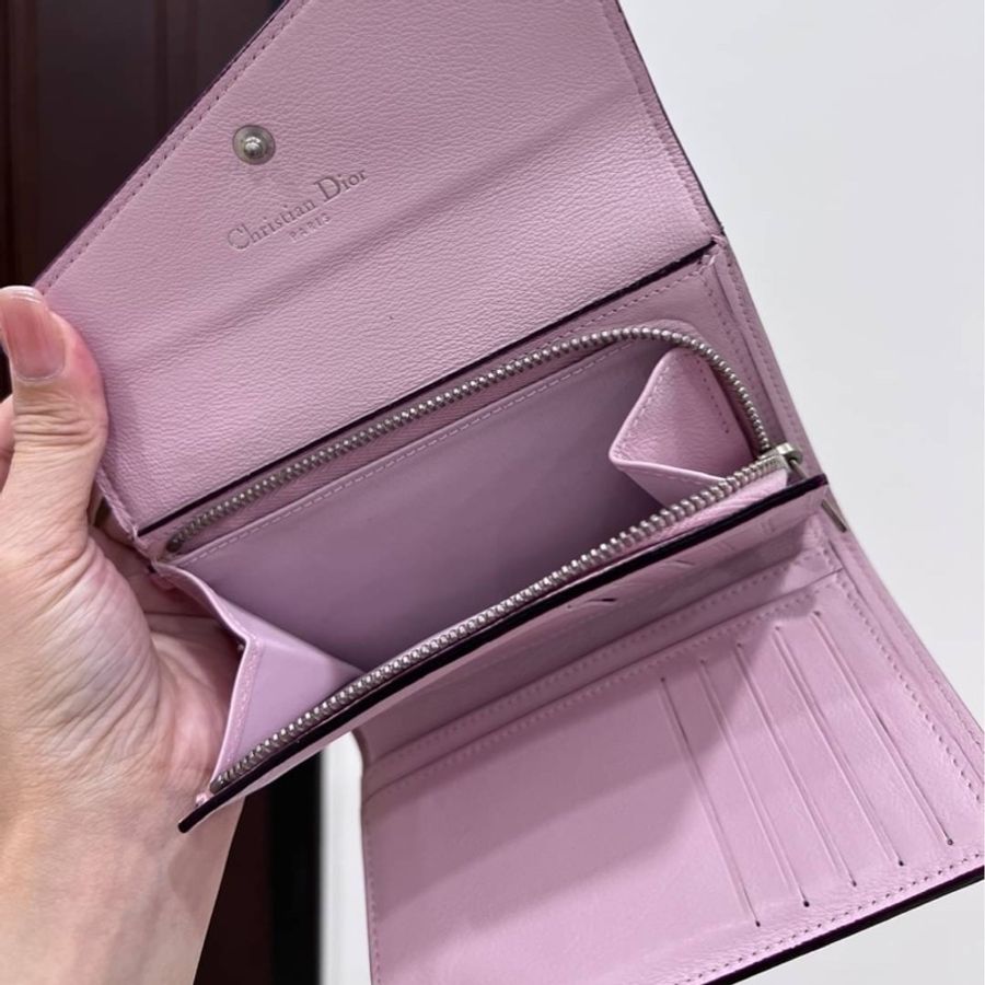Dior 迪奧 粉 拼色 中夾 短夾 皮夾 皮包 錢包 卡夾 卡包 零錢包-3