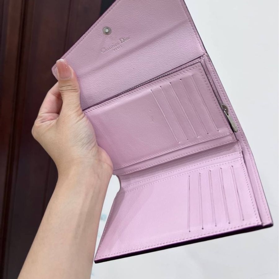 Dior 迪奧 粉 拼色 中夾 短夾 皮夾 皮包 錢包 卡夾 卡包 零錢包-10