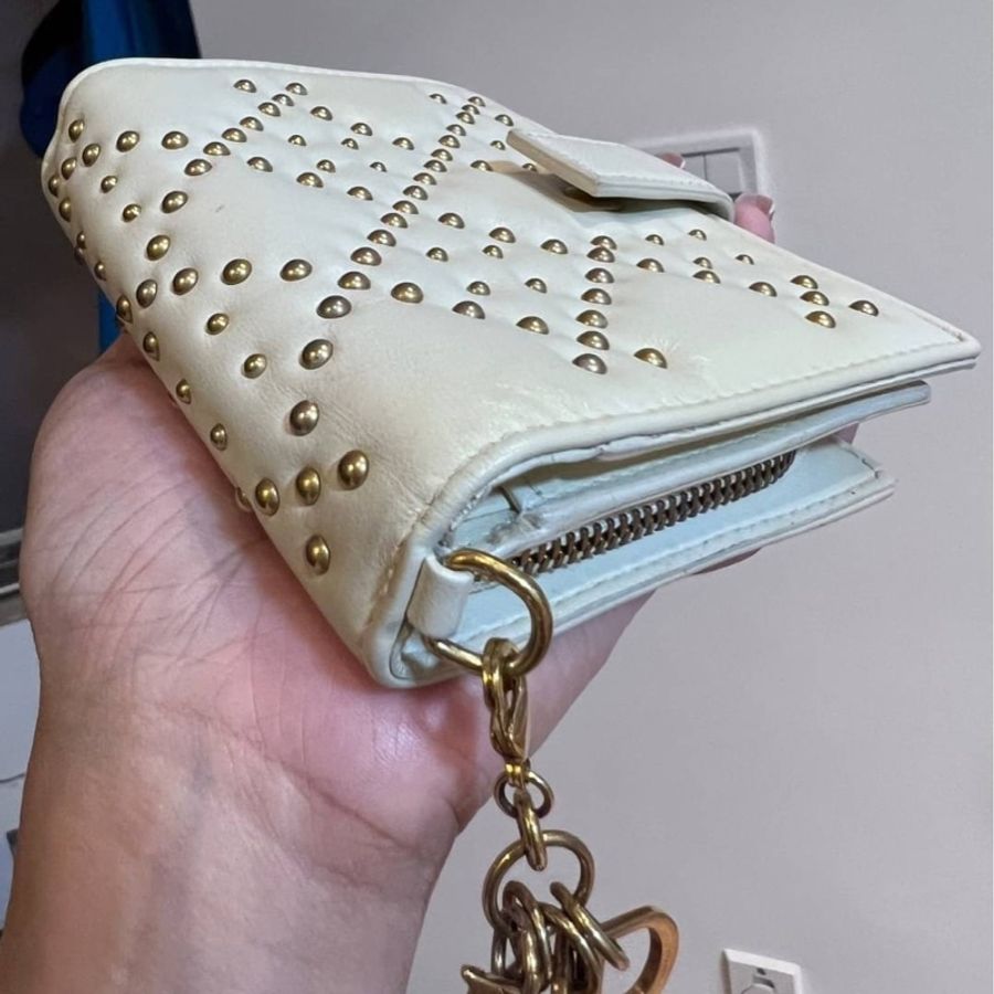 真品Dior 迪奧 卯釘 羊皮 白色 短夾 卡夾 皮夾 皮包 錢包logo吊飾可拆-5