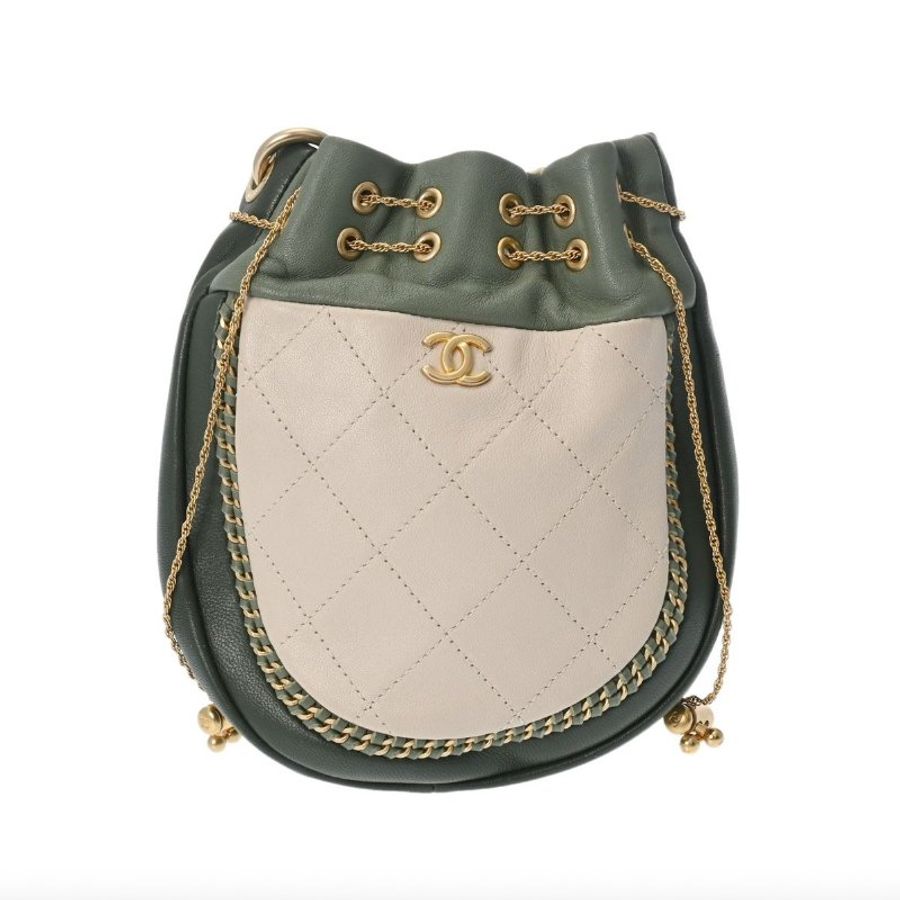 【絕美孤品】2018SS典藏 Chanel 束口斜背包 綠色×白色 女款 小牛皮-0