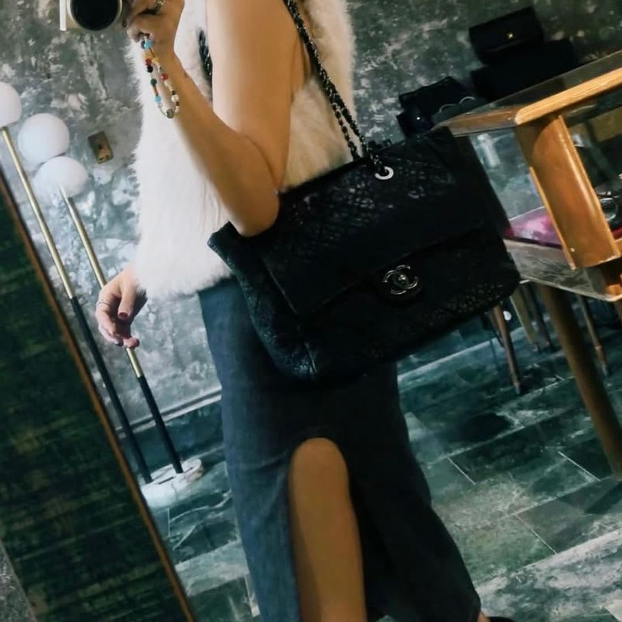 Chanel Mumbai 黑銀荔枝牛皮中性肩背包-5