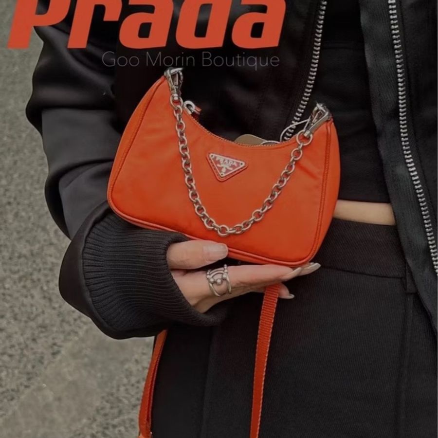 真品prada 橘色 尼龍 鏈條包 腋下包 斜背包 肩背包 手提包 帶鏈包 小廢包-6