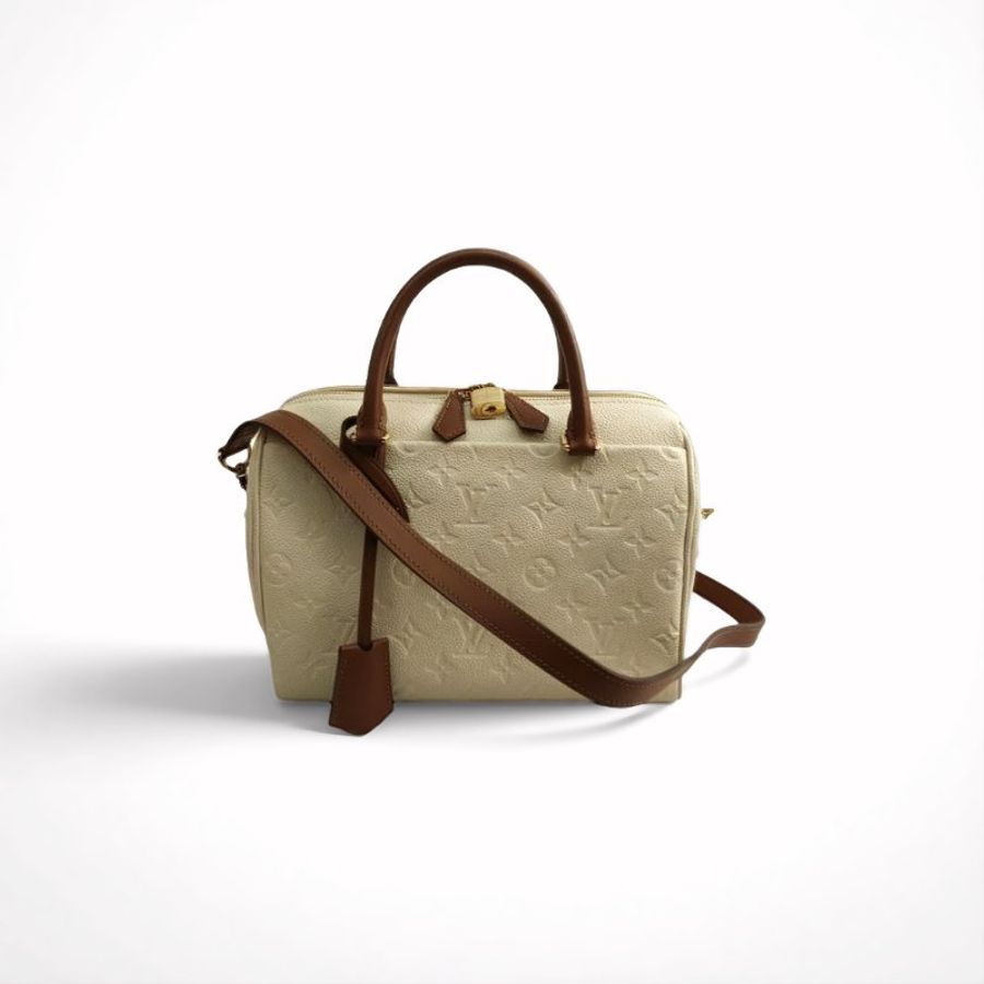 【LV奶白稀有款】LV Speedy Bandouliere 25NM Monogram Empreinte Claire 焦糖奶油色 2WAY 斜背包-0