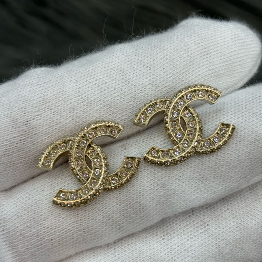 CHANEL A86504 香奈兒金色雙C 雙層雙排水鑽 LOGO 小香立體螺旋 耳環-4