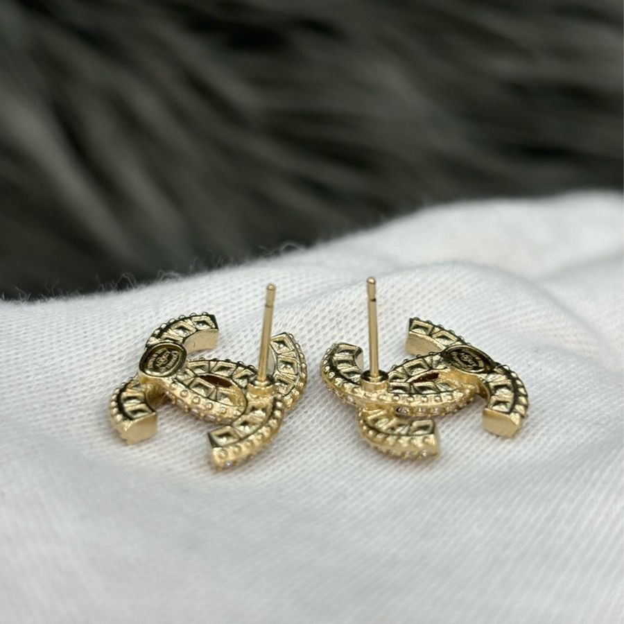 CHANEL A86504 香奈兒金色雙C 雙層雙排水鑽 LOGO 小香立體螺旋 耳環-5