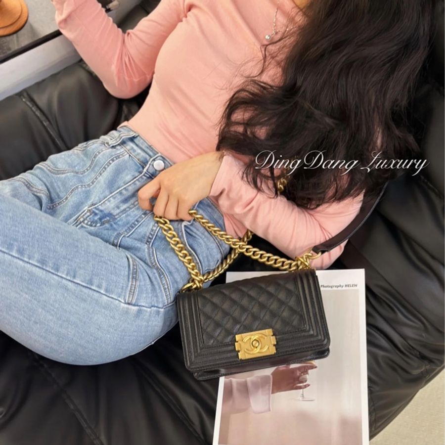 CHANEL 香奈兒 BOY Chanel Leboy20 經典菱格紋 小號 黑荔枝牛皮 金鍊-4