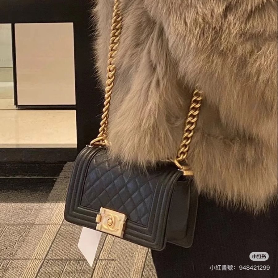 CHANEL 香奈兒 BOY Chanel Leboy20 經典菱格紋 小號 黑荔枝牛皮 金鍊-5
