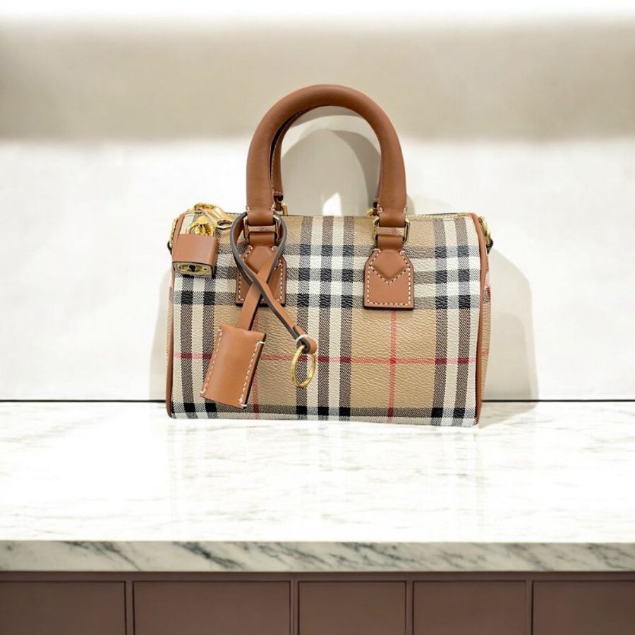 BURBERRY 經典格紋波士頓包/米色*石楠木棕色-0