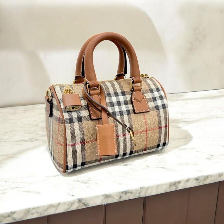 BURBERRY 經典格紋波士頓包/米色*石楠木棕色-2