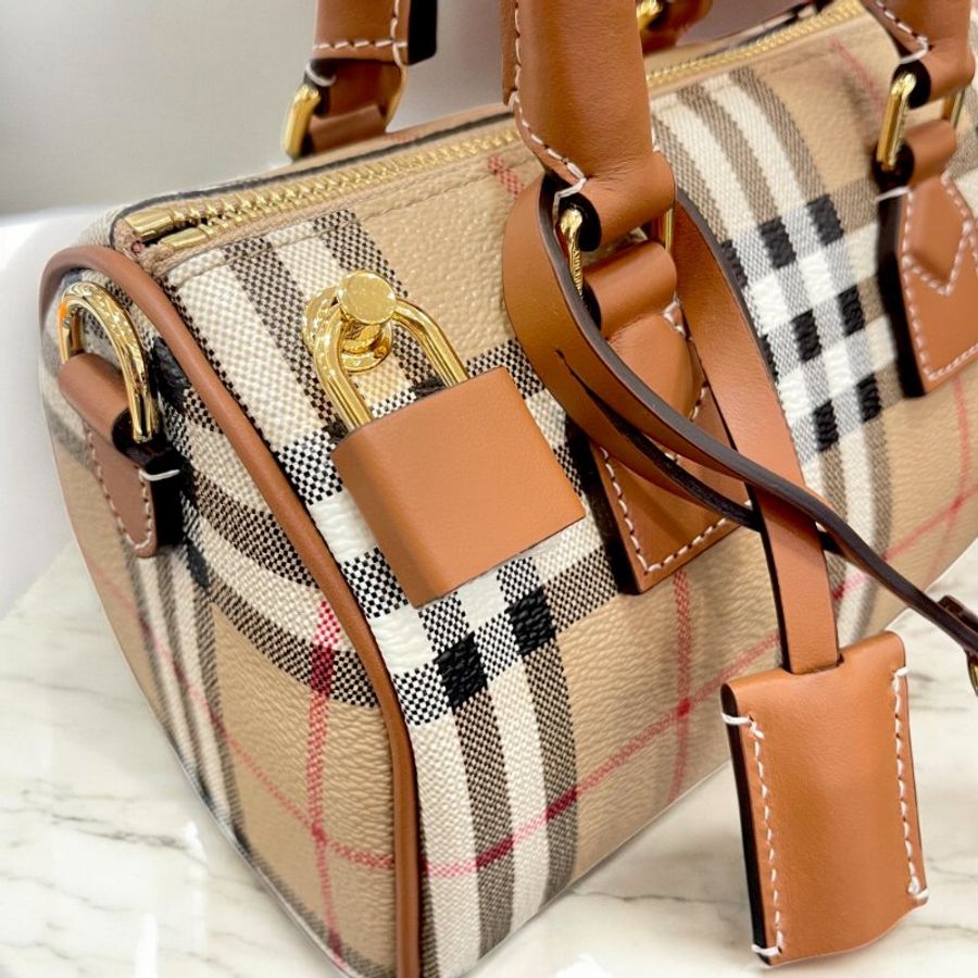 BURBERRY 經典格紋波士頓包/米色*石楠木棕色-3