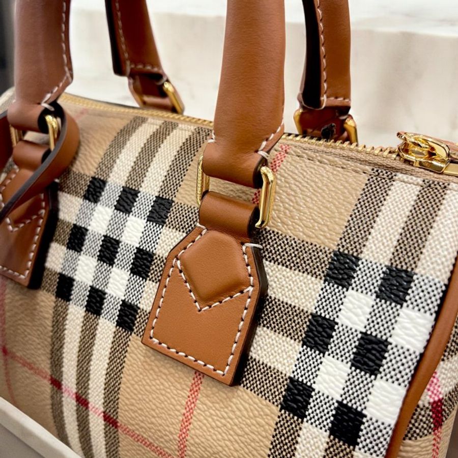 BURBERRY 經典格紋波士頓包/米色*石楠木棕色-4