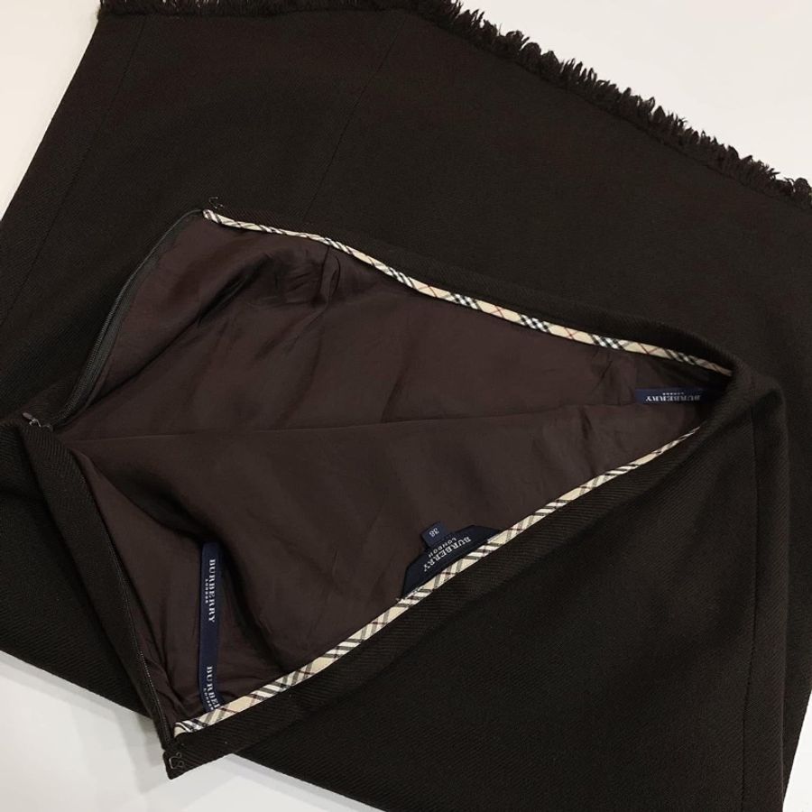 Burberry 倫敦 深棕色毛料鬚鬚長裙-3