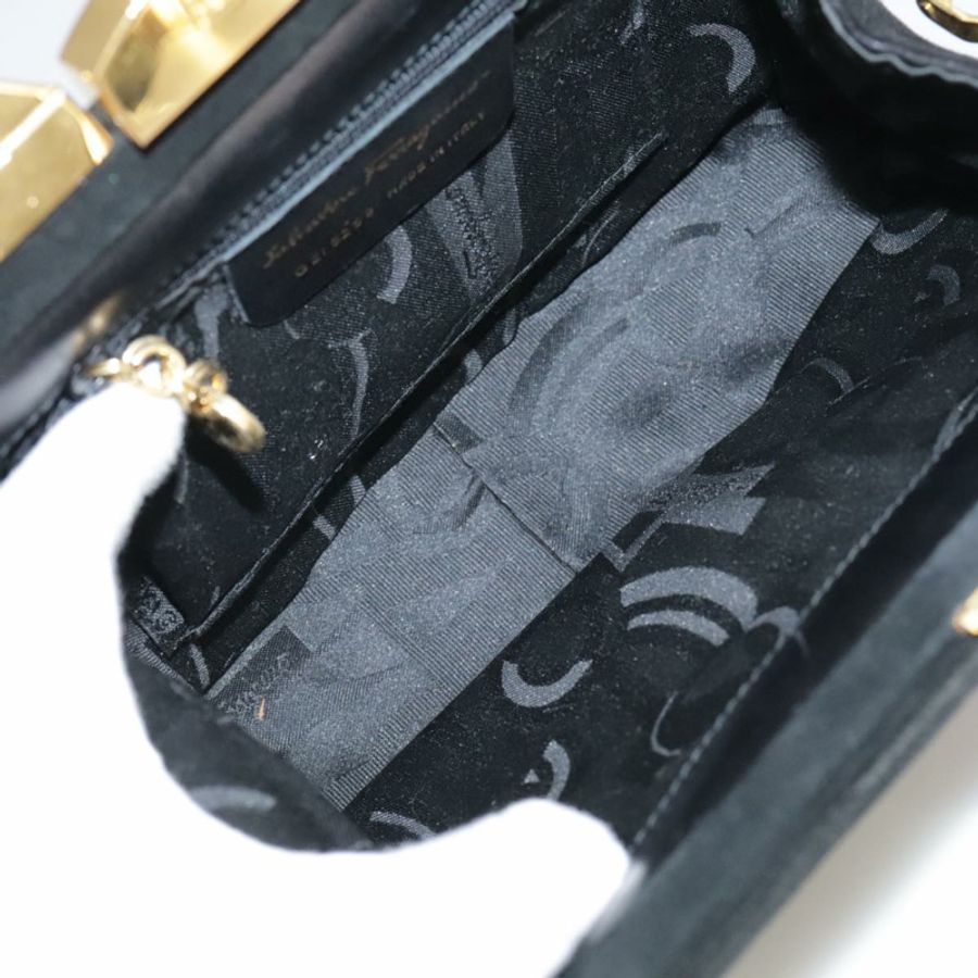 【日本直送】Salvatore Ferragamo Gancini 手提包 麂皮 2way 黑色 金色 Auth 101932-9