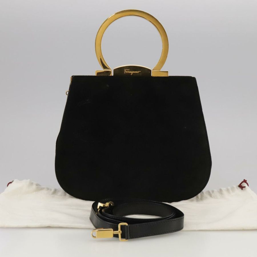 【日本直送】Salvatore Ferragamo Gancini 手提包 麂皮 2way 黑色 金色 Auth 101932-11