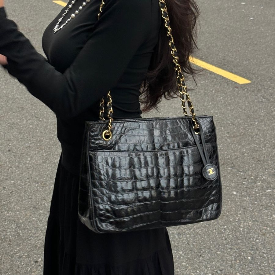(稀世珍寶 真鱷魚皮🐊) Chanel 香奈兒 真鱷魚皮 黑金托特包 單肩包 肩背包-4