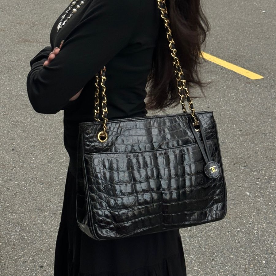 (稀世珍寶 真鱷魚皮🐊) Chanel 香奈兒 真鱷魚皮 黑金托特包 單肩包 肩背包-37