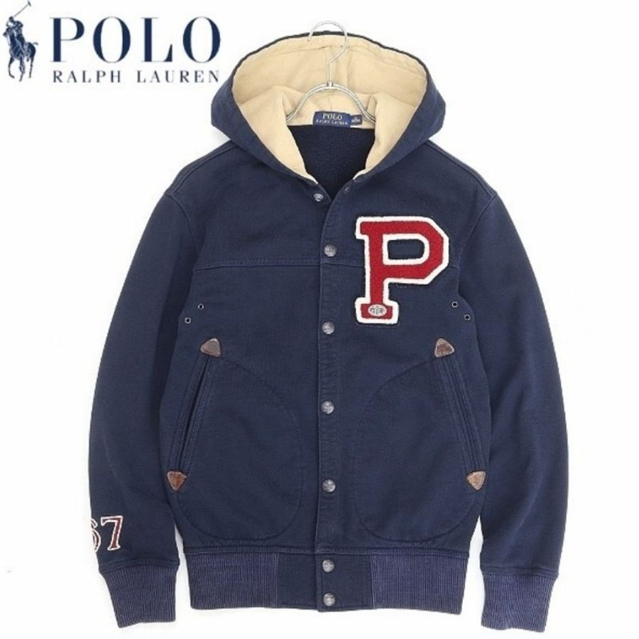 POLO RALPH LAUREN萊爾補丁刺繡棉質抓絨運動衫連帽夾克 海軍藍 XS-0