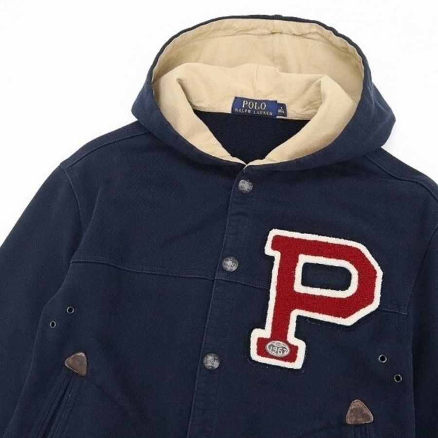 POLO RALPH LAUREN萊爾補丁刺繡棉質抓絨運動衫連帽夾克 海軍藍 XS-3