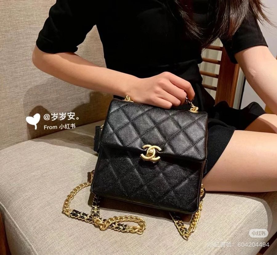 香奈兒 22p Ado荔枝皮黑色金鍊 雙肩包-5