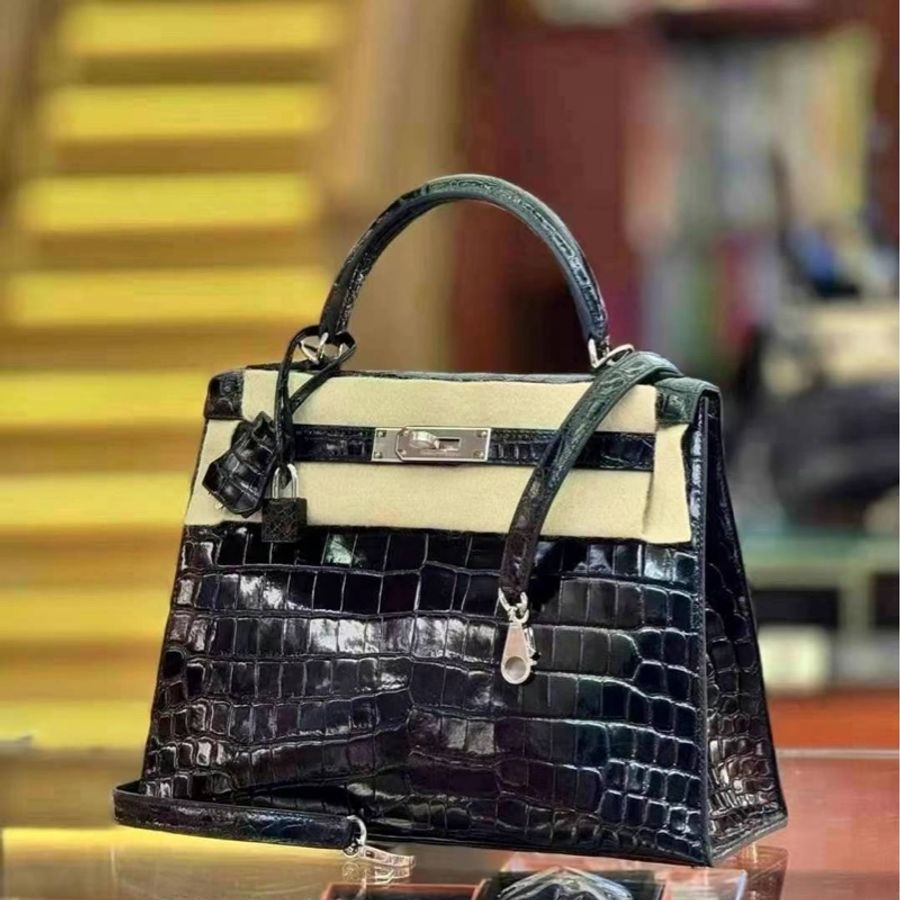 Hermes Kelly 28 黑銀亮面兩點鱷魚-4