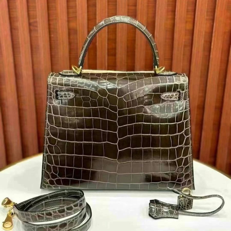 全新Hermes kelly 25 84 瑪瑙灰 鱷魚-5