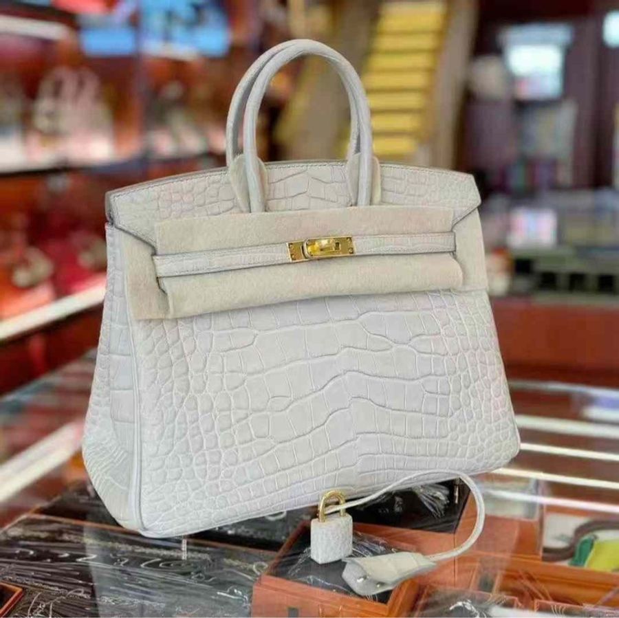 Hermes Birkin 25 霧面鰐魚 8L冰川白 金扣 極品小喜馬拉雅-1