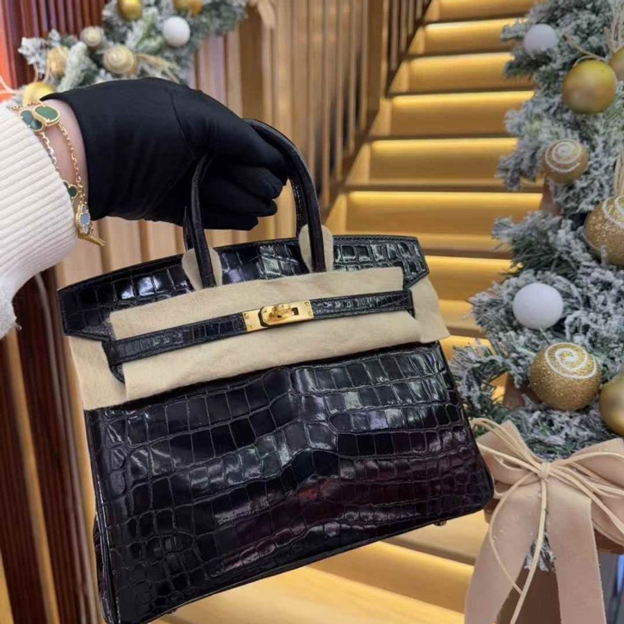 Hermes birkin 25 cc89 黑金亮面鱷魚-0