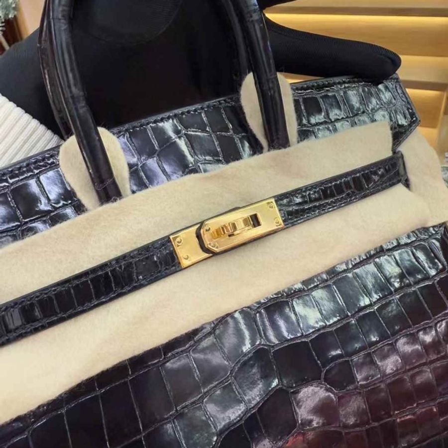 Hermes birkin 25 cc89 黑金亮面鱷魚-4