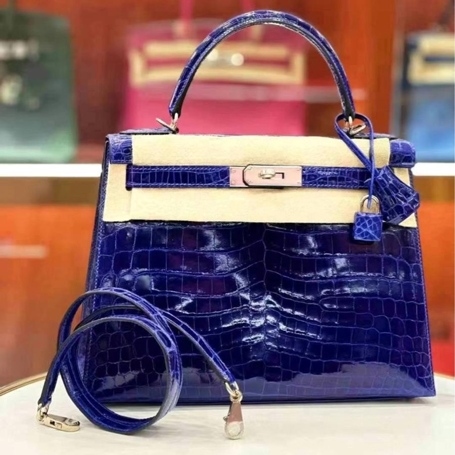 Hermes kelly 28 7T電光藍 鱷魚-4