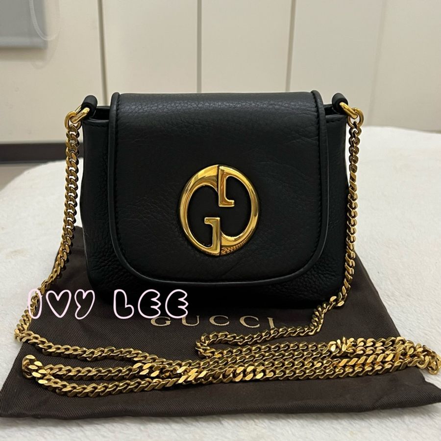 GUCCI 雙 G 細部金鏈條包 斜背包 肩背包 黑色皮革 可愛小包 251821 二手精品-0
