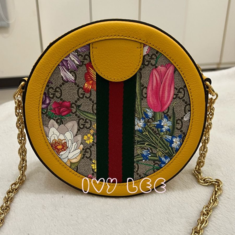 GUCCI 古馳  Ophidia Flora 花卉鍊帶斜背包 肩背包 黃色圓餅包 550618 二手精品-1