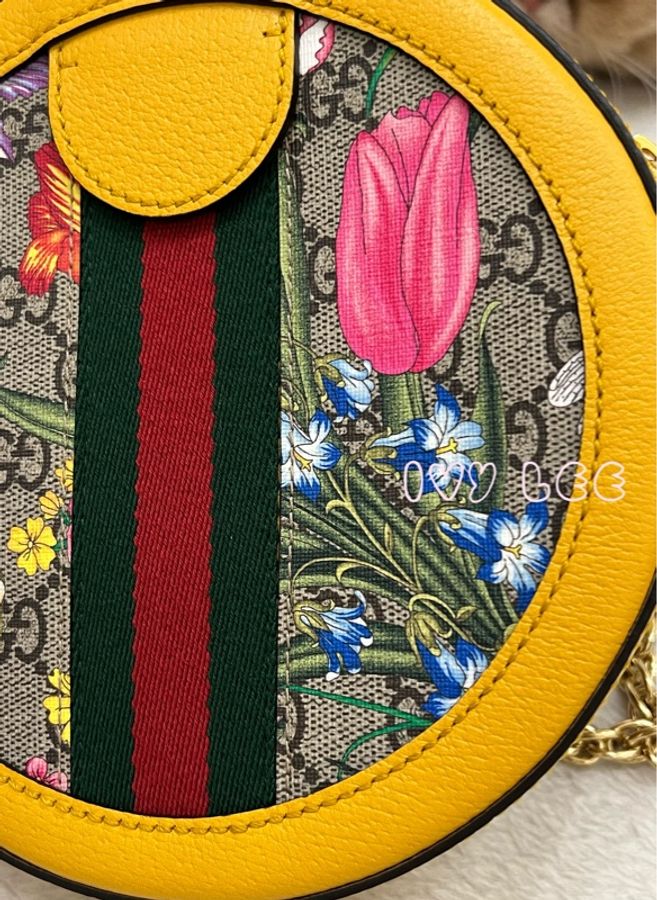GUCCI 古馳  Ophidia Flora 花卉鍊帶斜背包 肩背包 黃色圓餅包 550618 二手精品-16