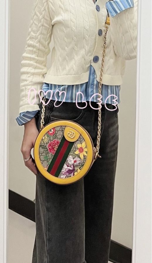 GUCCI 古馳  Ophidia Flora 花卉鍊帶斜背包 肩背包 黃色圓餅包 550618 二手精品-19