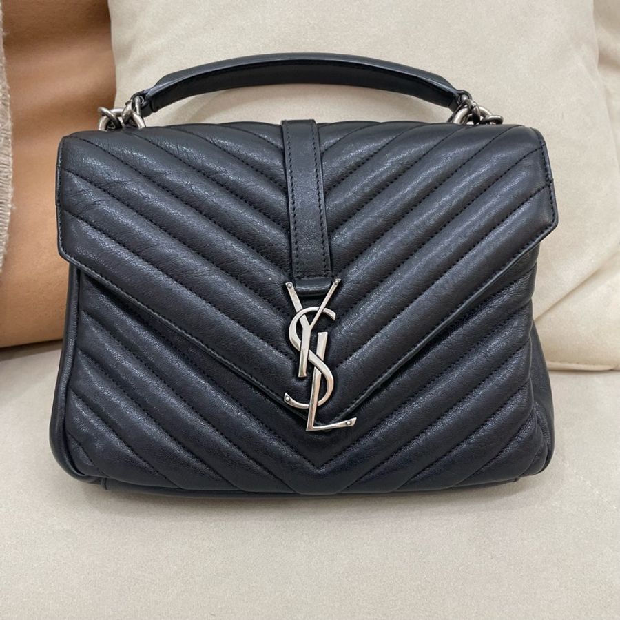 YSL College 聖羅蘭 黑色牛皮包 銀扣-0