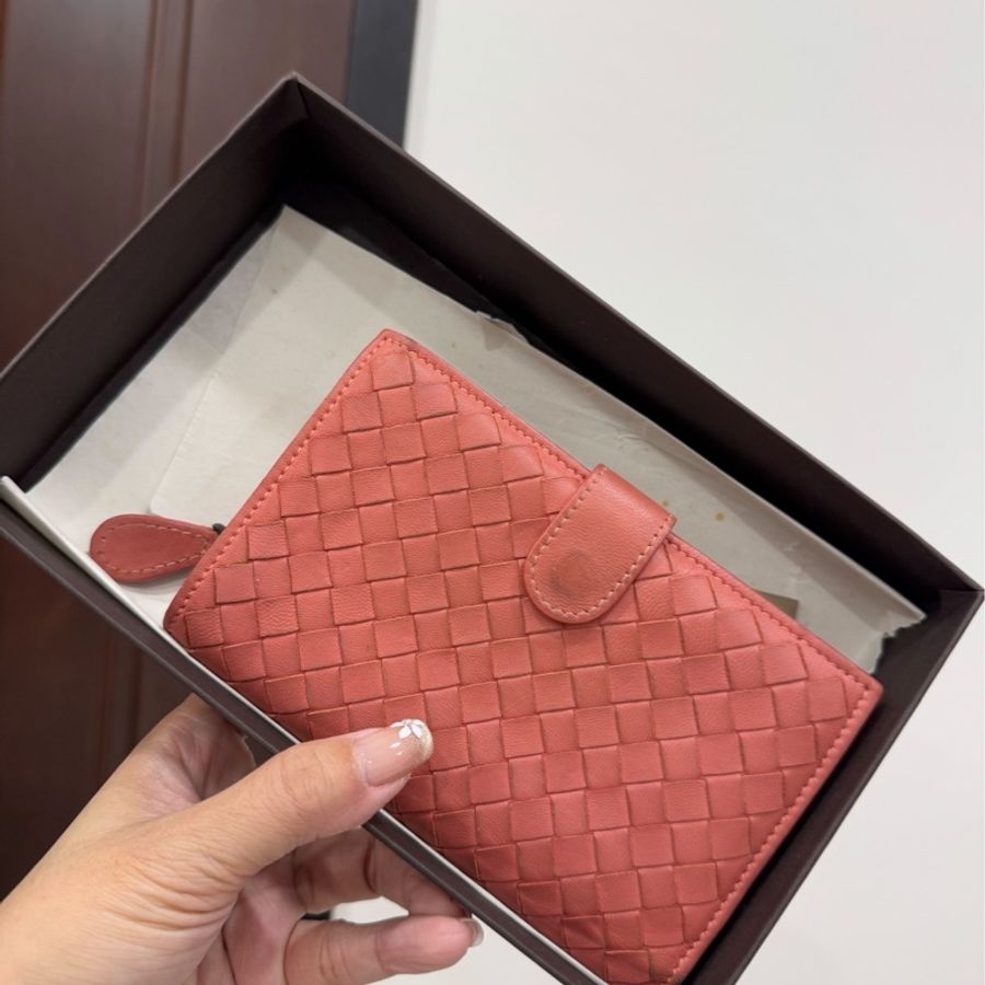 BOTTEGA VENETA BV編織 珊瑚紅 卡夾 萬用包 卡包 零錢包 短夾 長夾 中夾 皮包 皮夾 信用卡卡夾-1