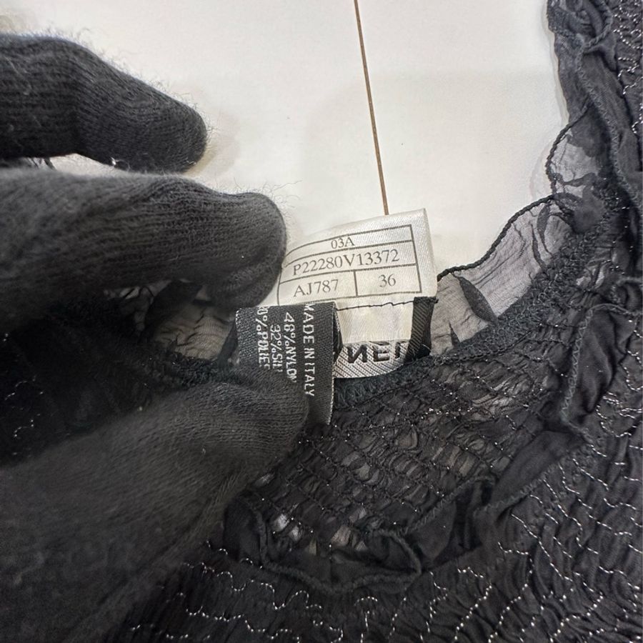 CHANEL 香奈兒 黑色 銀囪 烏干紗網 蕾絲 背心 上衣-6