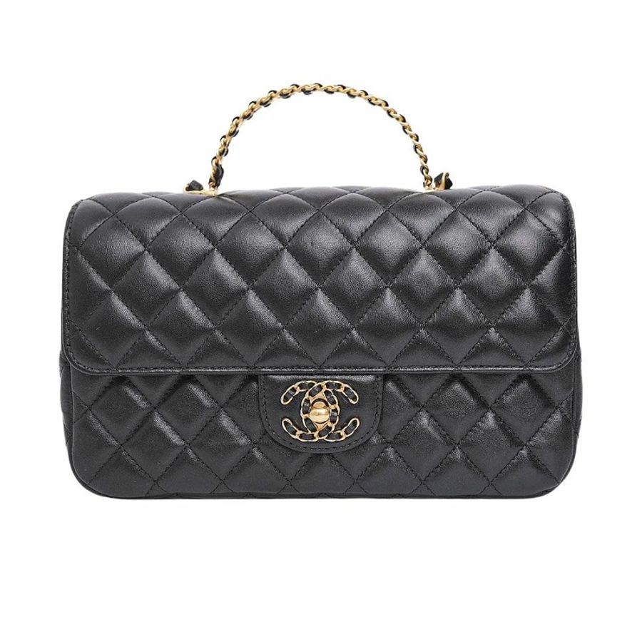 💗未使用品💗CHANEL 小號帶頂部金/黑色法瑯/水鑽logo奢華提把翻蓋包-0